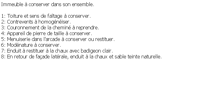 Zone de Texte: Immeuble  conserver dans son ensemble.1: Toiture et sens de fatage  conserver.2: Contrevents  homogniser.3: Couronnement de la chemin  reprendre.4: Appareil de pierre de taille  conserver.5: Menuiserie dans l'arcade  conserver ou restituer.6: Modnature  conserver.7: Enduit  restituer  la chaux avec badigeon clair.8: En retour de faade latrale, enduit  la chaux et sable teinte naturelle.