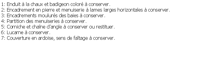 Zone de Texte: 1: Enduit  la chaux et badigeon color  conserver.2: Encadrement en pierre et menuiserie  lames larges horizontales  conserver.3: Encadrements moulurs des baies  conserver.4: Partition des menuiseries  conserver.5: Corniche et chane dangle  conserver ou restituer.6: Lucarne  conserver.7: Couverture en ardoise, sens de fatage  conserver.