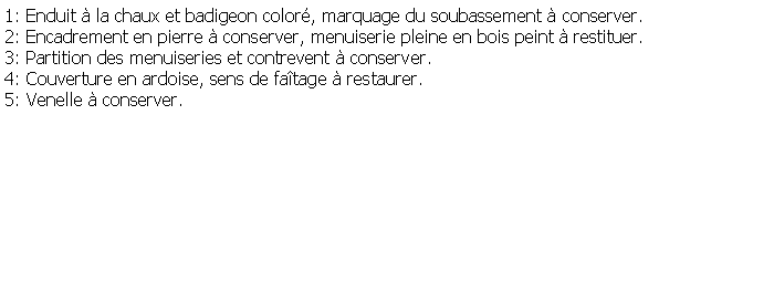 Zone de Texte: 1: Enduit  la chaux et badigeon color, marquage du soubassement  conserver.2: Encadrement en pierre  conserver, menuiserie pleine en bois peint  restituer.3: Partition des menuiseries et contrevent  conserver.4: Couverture en ardoise, sens de fatage  restaurer.5: Venelle  conserver.