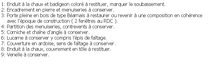 Zone de Texte: 1: Enduit  la chaux et badigeon color  restituer, marquer le soubassement.2: Encadrement en pierre et menuiseries  conserver.3: Porte pleine en bois de type Barnais  restaurer ou revenir  une composition en cohrence    avec lpoque de construction ( 2 fentres au RDC ).4: Partition des menuiseries, contrevents  conserver.5: Corniche et chane dangle  conserver.6: Lucarne  conserver y compris lpis de fatage.7: Couverture en ardoise, sens de fatage  conserver.8: Enduit  la chaux, couvrement en tle  restituer.9: Venelle  conserver.
