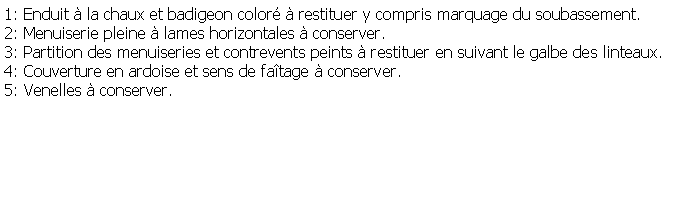 Zone de Texte: 1: Enduit  la chaux et badigeon color  restituer y compris marquage du soubassement.2: Menuiserie pleine  lames horizontales  conserver.3: Partition des menuiseries et contrevents peints  restituer en suivant le galbe des linteaux.4: Couverture en ardoise et sens de fatage  conserver.5: Venelles  conserver.