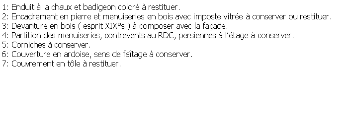 Zone de Texte: 1: Enduit  la chaux et badigeon color  restituer.2: Encadrement en pierre et menuiseries en bois avec imposte vitre  conserver ou restituer.3: Devanture en bois ( esprit XIXs )  composer avec la faade.4: Partition des menuiseries, contrevents au RDC, persiennes  ltage  conserver.5: Corniches  conserver.6: Couverture en ardoise, sens de fatage  conserver.7: Couvrement en tle  restituer.