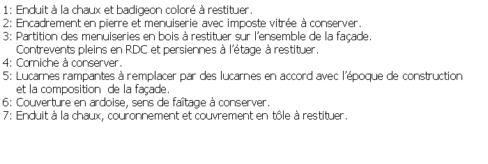 Zone de Texte: 1: Enduit  la chaux et badigeon color  restituer.2: Encadrement en pierre et menuiserie avec imposte vitre  conserver.3: Partition des menuiseries en bois  restituer sur lensemble de la faade.    Contrevents pleins en RDC et persiennes  ltage  restituer.4: Corniche  conserver.5: Lucarnes rampantes  remplacer par des lucarnes en accord avec lpoque de construction    et la composition  de la faade.6: Couverture en ardoise, sens de fatage  conserver.7: Enduit  la chaux, couronnement et couvrement en tle  restituer. 