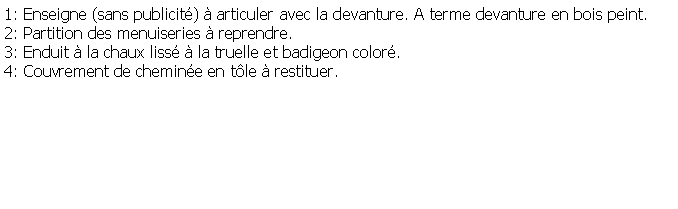 Zone de Texte: 1: Enseigne (sans publicit)  articuler avec la devanture. A terme devanture en bois peint.2: Partition des menuiseries  reprendre. 3: Enduit  la chaux liss  la truelle et badigeon color.4: Couvrement de chemine en tle  restituer.