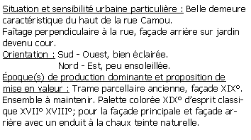 Zone de Texte: Situation et sensibilit urbaine particulire : Belle demeure caractristique du haut de la rue Camou.Fatage perpendiculaire  la rue, faade arrire sur jardin devenu cour.Orientation : Sud - Ouest, bien claire.                   Nord - Est, peu ensoleille.poque(s) de production dominante et proposition de mise en valeur : Trame parcellaire ancienne, faade XIX. Ensemble  maintenir. Palette colore XIX desprit classique XVII XVIII; pour la faade principale et faade arrire avec un enduit  la chaux teinte naturelle.