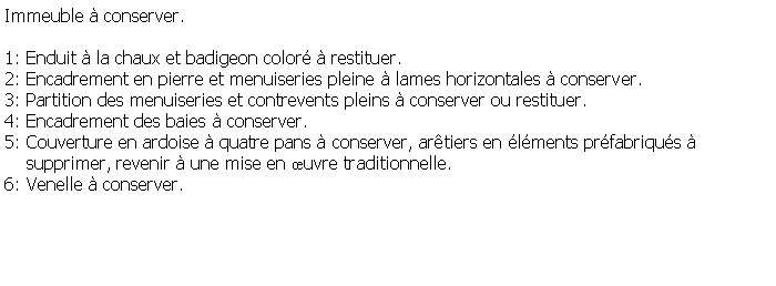 Zone de Texte: Immeuble  conserver.1: Enduit  la chaux et badigeon color  restituer.2: Encadrement en pierre et menuiseries pleine  lames horizontales  conserver.3: Partition des menuiseries et contrevents pleins  conserver ou restituer.4: Encadrement des baies  conserver.5: Couverture en ardoise  quatre pans  conserver, artiers en lments prfabriqus     supprimer, revenir  une mise en uvre traditionnelle.6: Venelle  conserver.