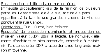 Zone de Texte: Situation et sensibilit urbaine particulire :Immeuble probablement issu de la runion de plusieurs parcelles. Fatage parallle  la rue, toiture  4 pans.Appartient  la famille des grandes maisons de ville qui ponctuent la rue Camou.Orientation : Sud - Ouest, bien claire.poque(s) de production dominante et proposition de mise en valeur : XIX pour la faade. De nombreux lments darchitecture bien conservs, ensemble  maintenir. Palette colore XIX  accorder avec la grande maison mitoyenne.