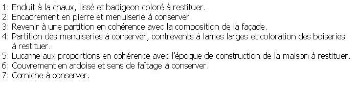 Zone de Texte: 1: Enduit  la chaux, liss et badigeon color  restituer.2: Encadrement en pierre et menuiserie  conserver.3: Revenir  une partition en cohrence avec la composition de la faade.4: Partition des menuiseries  conserver, contrevents  lames larges et coloration des boiseries     restituer.5: Lucarne aux proportions en cohrence avec lpoque de construction de la maison  restituer.6: Couvrement en ardoise et sens de fatage  conserver.7: Corniche  conserver.