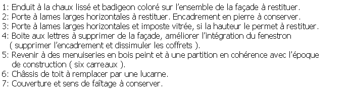 Zone de Texte: 1: Enduit  la chaux liss et badigeon color sur lensemble de la faade  restituer.2: Porte  lames larges horizontales  restituer. Encadrement en pierre  conserver.3: Porte  lames larges horizontales et imposte vitre, si la hauteur le permet  restituer.4: Boite aux lettres  supprimer de la faade, amliorer lintgration du fenestron    ( supprimer lencadrement et dissimuler les coffrets ).5: Revenir  des menuiseries en bois peint et  une partition en cohrence avec lpoque     de construction ( six carreaux ).6: Chssis de toit  remplacer par une lucarne.7: Couverture et sens de fatage  conserver.