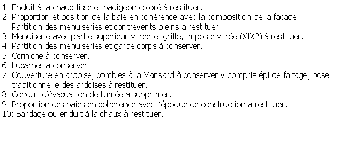 Zone de Texte: 1: Enduit  la chaux liss et badigeon color  restituer.2: Proportion et position de la baie en cohrence avec la composition de la faade.     Partition des menuiseries et contrevents pleins  restituer.3: Menuiserie avec partie suprieur vitre et grille, imposte vitre (XIX)  restituer.4: Partition des menuiseries et garde corps  conserver.5: Corniche  conserver.6: Lucarnes  conserver.7: Couverture en ardoise, combles  la Mansard  conserver y compris pi de fatage, pose    traditionnelle des ardoises  restituer.8: Conduit dvacuation de fume  supprimer. 9: Proportion des baies en cohrence avec lpoque de construction  restituer.10: Bardage ou enduit  la chaux  restituer.