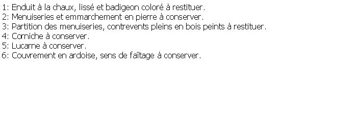 Zone de Texte: 1: Enduit  la chaux, liss et badigeon color  restituer.2: Menuiseries et emmarchement en pierre  conserver.3: Partition des menuiseries, contrevents pleins en bois peints  restituer.4: Corniche  conserver.5: Lucarne  conserver.6: Couvrement en ardoise, sens de fatage  conserver.