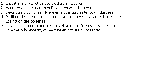 Zone de Texte: 1: Enduit  la chaux et bardage color  restituer.2: Menuiserie  replacer dans lencadrement  de la porte.3: Devanture  composer. Prfrer le bois aux matriaux industriels.4: Partition des menuiseries  conserver contrevents  lames larges  restituer.     Coloration des boiseries5: Lucarne  conserver menuiseries et volets intrieurs bois  restituer.6: Combles  la Mansart, couverture en ardoise  conserver.