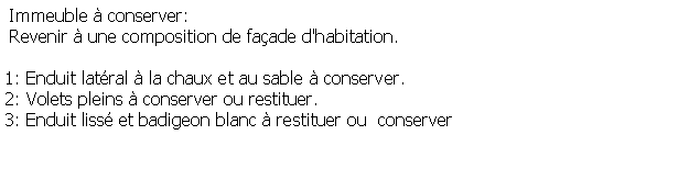 Zone de Texte:  Immeuble  conserver: Revenir  une composition de faade d'habitation.1: Enduit latral  la chaux et au sable  conserver.2: Volets pleins  conserver ou restituer.3: Enduit liss et badigeon blanc  restituer ou  conserver