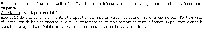 Zone de Texte: Situation et sensibilit urbaine particulire: Carrefour en entre de ville ancienne, alignement courbe, place en haut de pente. Orientation : Nord, peu ensoleille. poque(s) de production dominante et proposition de mise en valeur: structure rare et ancienne pour l'extra-muros d'Oloron: pan de bois en encorbellement. Le traitement devra tenir compte de cette prsence un peu exceptionnelle dans le paysage urbain. Palette mdivale et simple enduit sur les briques en retour.