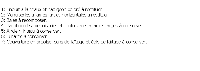 Zone de Texte: 1: Enduit  la chaux et badigeon color  restituer.2: Menuiseries  lames larges horizontales  restituer.3: Baies  recomposer.4: Partition des menuiseries et contrevents  lames larges  conserver.5: Ancien linteau  conserver.6: Lucarne  conserver.7: Couverture en ardoise, sens de fatage et pis de fatage  conserver.