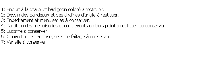 Zone de Texte: 1: Enduit  la chaux et badigeon color  restituer.2: Dessin des bandeaux et des chanes dangle  restituer.3: Encadrement et menuiseries  conserver.4: Partition des menuiseries et contrevents en bois peint  restituer ou conserver.5: Lucarne  conserver.6: Couverture en ardoise, sens de fatage  conserver.7: Venelle  conserver.