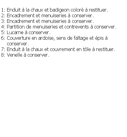Zone de Texte: 1: Enduit  la chaux et badigeon color  restituer.2: Encadrement et menuiseries  conserver.3: Encadrement et menuiseries  conserver.4: Partition de menuiseries et contrevents  conserver.5: Lucarne  conserver.6: Couverture en ardoise, sens de fatage et pis      conserver.7: Enduit  la chaux et couvrement en tle  restituer.8: Venelle  conserver.