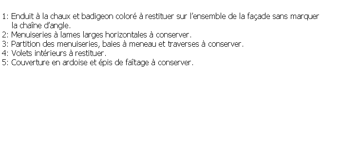 Zone de Texte: 1: Enduit  la chaux et badigeon color  restituer sur lensemble de la faade sans marquer    la chane dangle.2: Menuiseries  lames larges horizontales  conserver.3: Partition des menuiseries, baies  meneau et traverses  conserver.4: Volets intrieurs  restituer.5: Couverture en ardoise et pis de fatage  conserver.