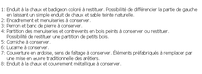 Zone de Texte: 1: Enduit  la chaux et badigeon color  restituer. Possibilit de diffrencier la partie de gauche     en laissant un simple enduit de chaux et sable teinte naturelle.2: Encadrement et menuiseries  conserver.3: Perron et banc de pierre  conserver.4: Partition des menuiseries et contrevents en bois peints  conserver ou restituer.    Possibilit de restituer une partition de petits bois.5: Corniche  conserver.6: Lucarne  conserver.7: Couverture en ardoise, sens de fatage  conserver. lments prfabriqus  remplacer par     une mise en uvre traditionnelle des artiers.8: Enduit  la chaux et couvrement mtallique  conserver.