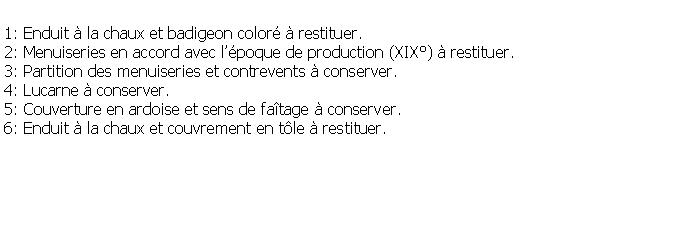 Zone de Texte: 1: Enduit  la chaux et badigeon color  restituer.2: Menuiseries en accord avec lpoque de production (XIX)  restituer.3: Partition des menuiseries et contrevents  conserver.4: Lucarne  conserver.5: Couverture en ardoise et sens de fatage  conserver.6: Enduit  la chaux et couvrement en tle  restituer.