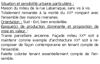 Zone de Texte: Situation et sensibilit urbaine particulire :Maison du milieu de la rue Labarraque, sans vis  vis.Totalement remanie  la moiti du XX rompant avec lensemble des maisons riveraines.Orientation : Sud - Est, bien ensoleille.poque(s) de production dominante et proposition de mise en valeur : Trame parcellaire ancienne. Faade milieu XX soit  maintenir comme exemple darchitecture XX soit  recomposer de faon contemporaine en tenant compte de lensemble.Palette colore tenant essentiellement compte de lensemble.