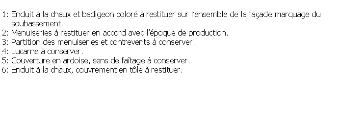 Zone de Texte: 1: Enduit  la chaux et badigeon color  restituer sur lensemble de la faade marquage du     soubassement.2: Menuiseries  restituer en accord avec lpoque de production.3: Partition des menuiseries et contrevents  conserver.4: Lucarne  conserver.5: Couverture en ardoise, sens de fatage  conserver.6: Enduit  la chaux, couvrement en tle  restituer.