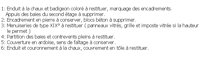 Zone de Texte: 1: Enduit  la chaux et badigeon color  restituer, marquage des encadrements.   Appuis des baies du second tage  supprimer.2: Encadrement en pierre  conserver, blocs bton  supprimer.3: Menuiseries de type XIX  restituer ( panneaux vitrs, grille et imposte vitre si la hauteur    le permet )4: Partition des baies et contrevents pleins  restituer.5: Couverture en ardoise, sens de fatage  conserver.6: Enduit et couronnement  la chaux, couvrement en tle  restituer.