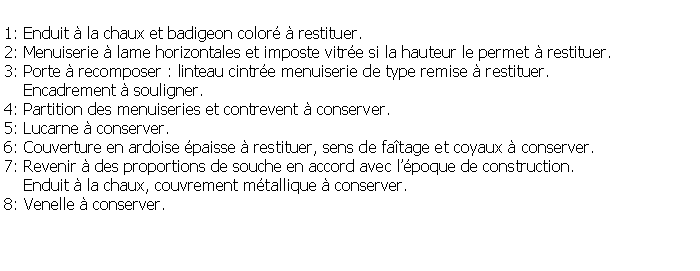 Zone de Texte: 1: Enduit  la chaux et badigeon color  restituer.2: Menuiserie  lame horizontales et imposte vitre si la hauteur le permet  restituer.3: Porte  recomposer : linteau cintre menuiserie de type remise  restituer.    Encadrement  souligner.4: Partition des menuiseries et contrevent  conserver.5: Lucarne  conserver.6: Couverture en ardoise paisse  restituer, sens de fatage et coyaux  conserver.7: Revenir  des proportions de souche en accord avec lpoque de construction.    Enduit  la chaux, couvrement mtallique  conserver.8: Venelle  conserver.
