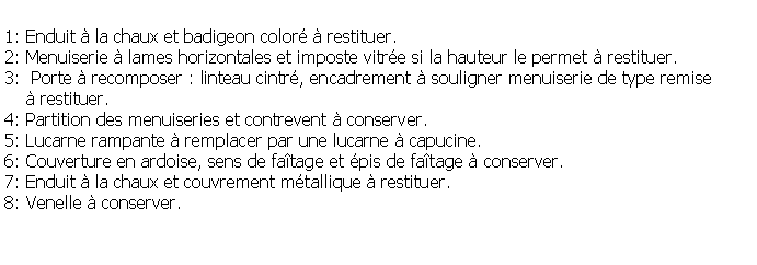 Zone de Texte: 1: Enduit  la chaux et badigeon color  restituer.2: Menuiserie  lames horizontales et imposte vitre si la hauteur le permet  restituer.           3:  Porte  recomposer : linteau cintr, encadrement  souligner menuiserie de type remise      restituer. 4: Partition des menuiseries et contrevent  conserver.5: Lucarne rampante  remplacer par une lucarne  capucine.6: Couverture en ardoise, sens de fatage et pis de fatage  conserver.7: Enduit  la chaux et couvrement mtallique  restituer.8: Venelle  conserver.