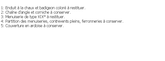 Zone de Texte: 1: Enduit  la chaux et badigeon color  restituer.2: Chane dangle et corniche  conserver.3: Menuiserie de type XIX  restituer.4: Partition des menuiseries, contrevents pleins, ferronneries  conserver.5: Couverture en ardoise  conserver.