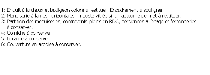 Zone de Texte: 1: Enduit  la chaux et badigeon color  restituer. Encadrement  souligner.2: Menuiserie  lames horizontales, imposte vitre si la hauteur le permet  restituer. 3: Partition des menuiseries, contrevents pleins en RDC, persiennes  ltage et ferronneries      conserver.4: Corniche  conserver.5: Lucarne  conserver.6: Couverture en ardoise  conserver.