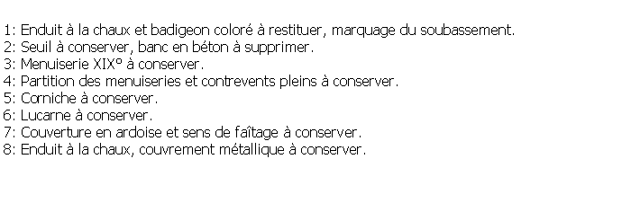Zone de Texte: 1: Enduit  la chaux et badigeon color  restituer, marquage du soubassement.2: Seuil  conserver, banc en bton  supprimer.3: Menuiserie XIX  conserver.4: Partition des menuiseries et contrevents pleins  conserver.5: Corniche  conserver.6: Lucarne  conserver.7: Couverture en ardoise et sens de fatage  conserver.8: Enduit  la chaux, couvrement mtallique  conserver.