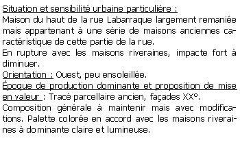Zone de Texte: Situation et sensibilit urbaine particulire :Maison du haut de la rue Labarraque largement remanie mais appartenant  une srie de maisons anciennes caractristique de cette partie de la rue. En rupture avec les maisons riveraines, impacte fort  diminuer.Orientation : Ouest, peu ensoleille.poque de production dominante et proposition de mise en valeur : Trac parcellaire ancien, faades XX.Composition gnrale  maintenir mais avec modifications. Palette colore en accord avec les maisons riveraines  dominante claire et lumineuse.
