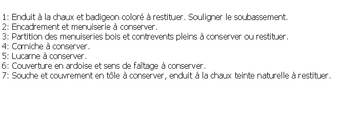Zone de Texte: 1: Enduit  la chaux et badigeon color  restituer. Souligner le soubassement.2: Encadrement et menuiserie  conserver.3: Partition des menuiseries bois et contrevents pleins  conserver ou restituer.4: Corniche  conserver.5: Lucarne  conserver.6: Couverture en ardoise et sens de fatage  conserver.7: Souche et couvrement en tle  conserver, enduit  la chaux teinte naturelle  restituer.