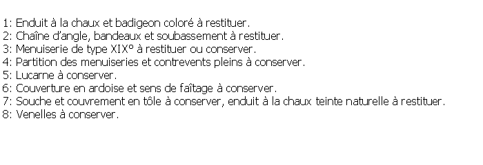 Zone de Texte: 1: Enduit  la chaux et badigeon color  restituer.2: Chane dangle, bandeaux et soubassement  restituer.3: Menuiserie de type XIX  restituer ou conserver.4: Partition des menuiseries et contrevents pleins  conserver.5: Lucarne  conserver.6: Couverture en ardoise et sens de fatage  conserver.7: Souche et couvrement en tle  conserver, enduit  la chaux teinte naturelle  restituer.8: Venelles  conserver.