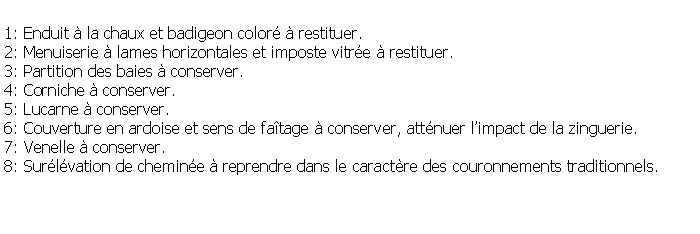 Zone de Texte: 1: Enduit  la chaux et badigeon color  restituer.2: Menuiserie  lames horizontales et imposte vitre  restituer.3: Partition des baies  conserver.4: Corniche  conserver.5: Lucarne  conserver.6: Couverture en ardoise et sens de fatage  conserver, attnuer limpact de la zinguerie.7: Venelle  conserver.8: Surlvation de chemine  reprendre dans le caractre des couronnements traditionnels.