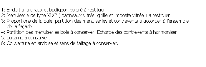Zone de Texte: 1: Enduit  la chaux et badigeon color  restituer.2: Menuiserie de type XIX ( panneaux vitrs, grille et imposte vitre )  restituer.3: Proportions de la baie, partition des menuiseries et contrevents  accorder  lensemble     de la faade.4: Partition des menuiseries bois  conserver. charpe des contrevents  harmoniser.5: Lucarne  conserver.6: Couverture en ardoise et sens de fatage  conserver.