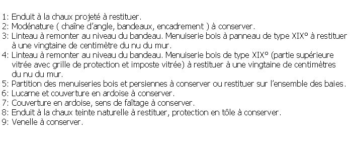 Zone de Texte: 1: Enduit  la chaux projet  restituer.2: Modnature ( chane dangle, bandeaux, encadrement )  conserver.3: Linteau  remonter au niveau du bandeau. Menuiserie bois  panneau de type XIX  restituer     une vingtaine de centimtre du nu du mur.4: Linteau  remonter au niveau du bandeau. Menuiserie bois de type XIX (partie suprieure     vitre avec grille de protection et imposte vitre)  restituer  une vingtaine de centimtres     du nu du mur.5: Partition des menuiseries bois et persiennes  conserver ou restituer sur lensemble des baies.6: Lucarne et couverture en ardoise  conserver.7: Couverture en ardoise, sens de fatage  conserver.8: Enduit  la chaux teinte naturelle  restituer, protection en tle  conserver.9: Venelle  conserver.