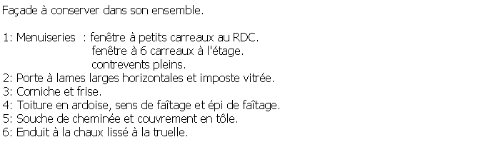 Zone de Texte: Faade  conserver dans son ensemble.1: Menuiseries  : fentre  petits carreaux au RDC.                         fentre  6 carreaux  l'tage.                         contrevents pleins.2: Porte  lames larges horizontales et imposte vitre.3: Corniche et frise.4: Toiture en ardoise, sens de fatage et pi de fatage.5: Souche de chemine et couvrement en tle.6: Enduit  la chaux liss  la truelle.