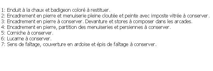 Zone de Texte: 1: Enduit  la chaux et badigeon color  restituer.2: Encadrement en pierre et menuiserie pleine cloute et peinte avec imposte vitre  conserver.3: Encadrement en pierre  conserver. Devanture et stores  composer dans les arcades.4: Encadrement en pierre, partition des menuiseries et persiennes  conserver.5: Corniche  conserver.6: Lucarne  conserver.7: Sens de fatage, couverture en ardoise et pis de fatage  conserver.