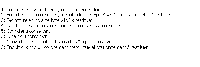 Zone de Texte: 1: Enduit  la chaux et badigeon color  restituer.2: Encadrement  conserver, menuiseries de type XIX  panneaux pleins  restituer.3: Devanture en bois de type XIX  restituer.4: Partition des menuiseries bois et contrevents  conserver.5: Corniche  conserver.6: Lucarne  conserver.7: Couverture en ardoise et sens de fatage  conserver.8: Enduit  la chaux, couvrement mtallique et couronnement  restituer.