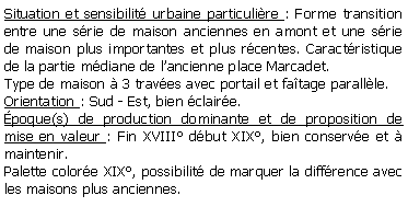 Zone de Texte: Situation et sensibilit urbaine particulire : Forme transition entre une srie de maison anciennes en amont et une srie de maison plus importantes et plus rcentes. Caractristique de la partie mdiane de lancienne place Marcadet.Type de maison  3 traves avec portail et fatage parallle.Orientation : Sud - Est, bien claire.poque(s) de production dominante et de proposition de mise en valeur : Fin XVIII dbut XIX, bien conserve et  maintenir.Palette colore XIX, possibilit de marquer la diffrence avec les maisons plus anciennes.