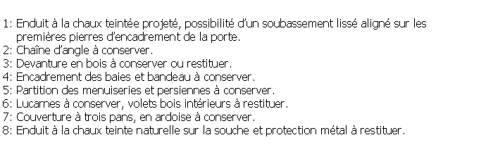 Zone de Texte: 1: Enduit  la chaux teinte projet, possibilit dun soubassement liss align sur les     premires pierres dencadrement de la porte.2: Chane dangle  conserver.3: Devanture en bois  conserver ou restituer.4: Encadrement des baies et bandeau  conserver.5: Partition des menuiseries et persiennes  conserver.6: Lucarnes  conserver, volets bois intrieurs  restituer.7: Couverture  trois pans, en ardoise  conserver.8: Enduit  la chaux teinte naturelle sur la souche et protection mtal  restituer.