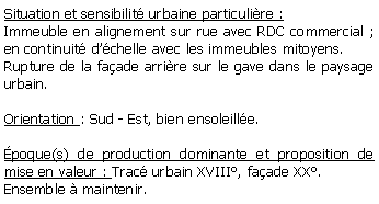 Zone de Texte: Situation et sensibilit urbaine particulire :Immeuble en alignement sur rue avec RDC commercial ;  en continuit dchelle avec les immeubles mitoyens.Rupture de la faade arrire sur le gave dans le paysage urbain.Orientation : Sud - Est, bien ensoleille.poque(s) de production dominante et proposition de mise en valeur : Trac urbain XVIII, faade XX.Ensemble  maintenir. 