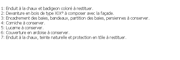 Zone de Texte: 1: Enduit  la chaux et badigeon color  restituer.2: Devanture en bois de type XIX  composer avec la faade.3: Encadrement des baies, bandeaux, partition des baies, persiennes  conserver.4: Corniche  conserver.5: Lucarne  conserver.6: Couverture en ardoise  conserver.7: Enduit  la chaux, teinte naturelle et protection en tle  restituer.