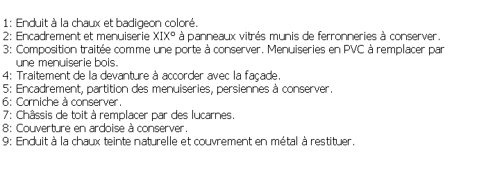 Zone de Texte: 1: Enduit  la chaux et badigeon color.2: Encadrement et menuiserie XIX  panneaux vitrs munis de ferronneries  conserver.3: Composition traite comme une porte  conserver. Menuiseries en PVC  remplacer par     une menuiserie bois. 4: Traitement de la devanture  accorder avec la faade.5: Encadrement, partition des menuiseries, persiennes  conserver.6: Corniche  conserver.7: Chssis de toit  remplacer par des lucarnes.8: Couverture en ardoise  conserver.9: Enduit  la chaux teinte naturelle et couvrement en mtal  restituer. 