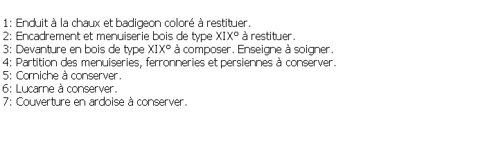 Zone de Texte: 1: Enduit  la chaux et badigeon color  restituer.2: Encadrement et menuiserie bois de type XIX  restituer.3: Devanture en bois de type XIX  composer. Enseigne  soigner.4: Partition des menuiseries, ferronneries et persiennes  conserver.5: Corniche  conserver.6: Lucarne  conserver.7: Couverture en ardoise  conserver.