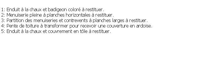 Zone de Texte: 1: Enduit  la chaux et badigeon color  restituer.2: Menuiserie pleine  planches horizontales  restituer.3: Partition des menuiseries et contrevents  planches larges  restituer.4: Pente de toiture  transformer pour recevoir une couverture en ardoise.5: Enduit  la chaux et couvrement en tle  restituer.