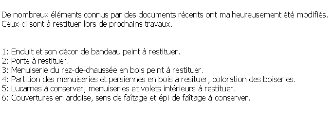 Zone de Texte: De nombreux lments connus par des documents rcents ont malheureusement t modifis.Ceux-ci sont  restituer lors de prochains travaux.1: Enduit et son dcor de bandeau peint  restituer.2: Porte  restituer.3: Menuiserie du rez-de-chausse en bois peint  restituer.4: Partition des menuiseries et persiennes en bois  resituer, coloration des boiseries.5: Lucarnes  conserver, menuiseries et volets intrieurs  restituer.6: Couvertures en ardoise, sens de fatage et pi de fatage  conserver.