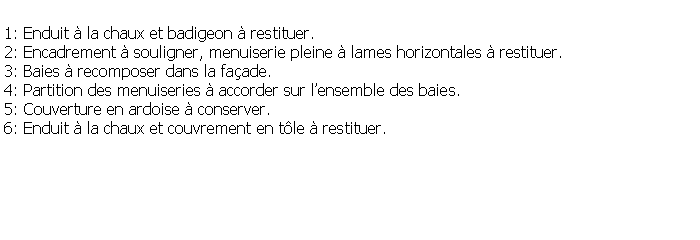 Zone de Texte: 1: Enduit  la chaux et badigeon  restituer.2: Encadrement  souligner, menuiserie pleine  lames horizontales  restituer.3: Baies  recomposer dans la faade.4: Partition des menuiseries  accorder sur lensemble des baies.5: Couverture en ardoise  conserver.6: Enduit  la chaux et couvrement en tle  restituer.
